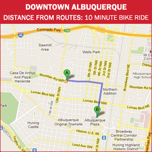 Routes Bicycle Rentals Tour of Downtown Albuquerque, New Mexico by bike.
