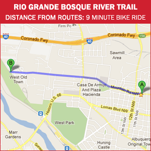 Routes Bicycle Rentals Tour of the Rio Grande Bosque River Trail Albuquerque, New Mexico by bike.